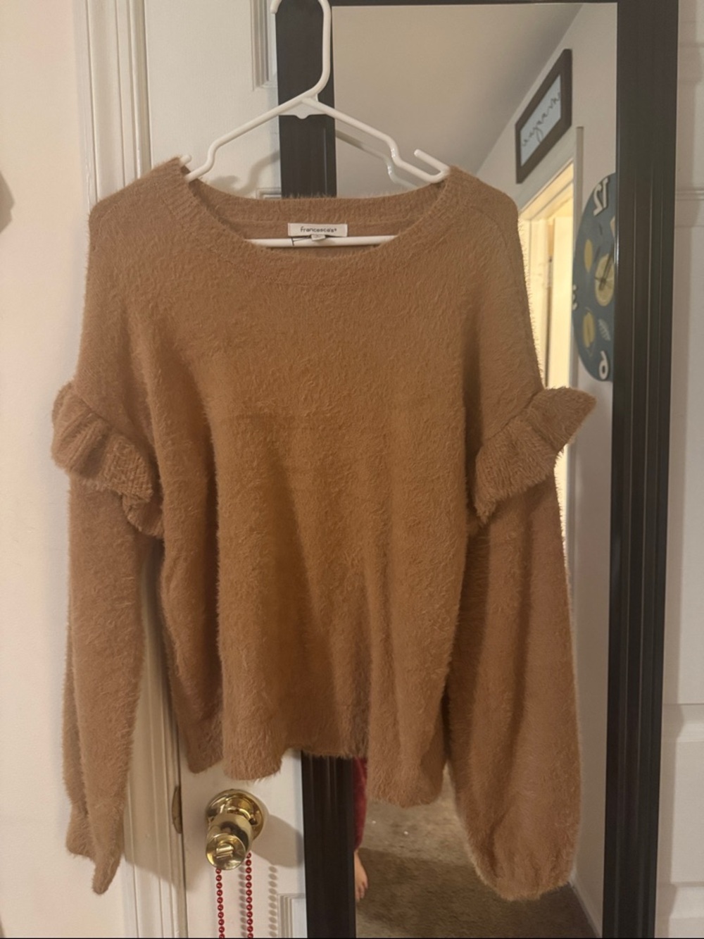 Francesca's Marcie Tan Fuzzy Ruffle-Sleeve Crewneck Sweater